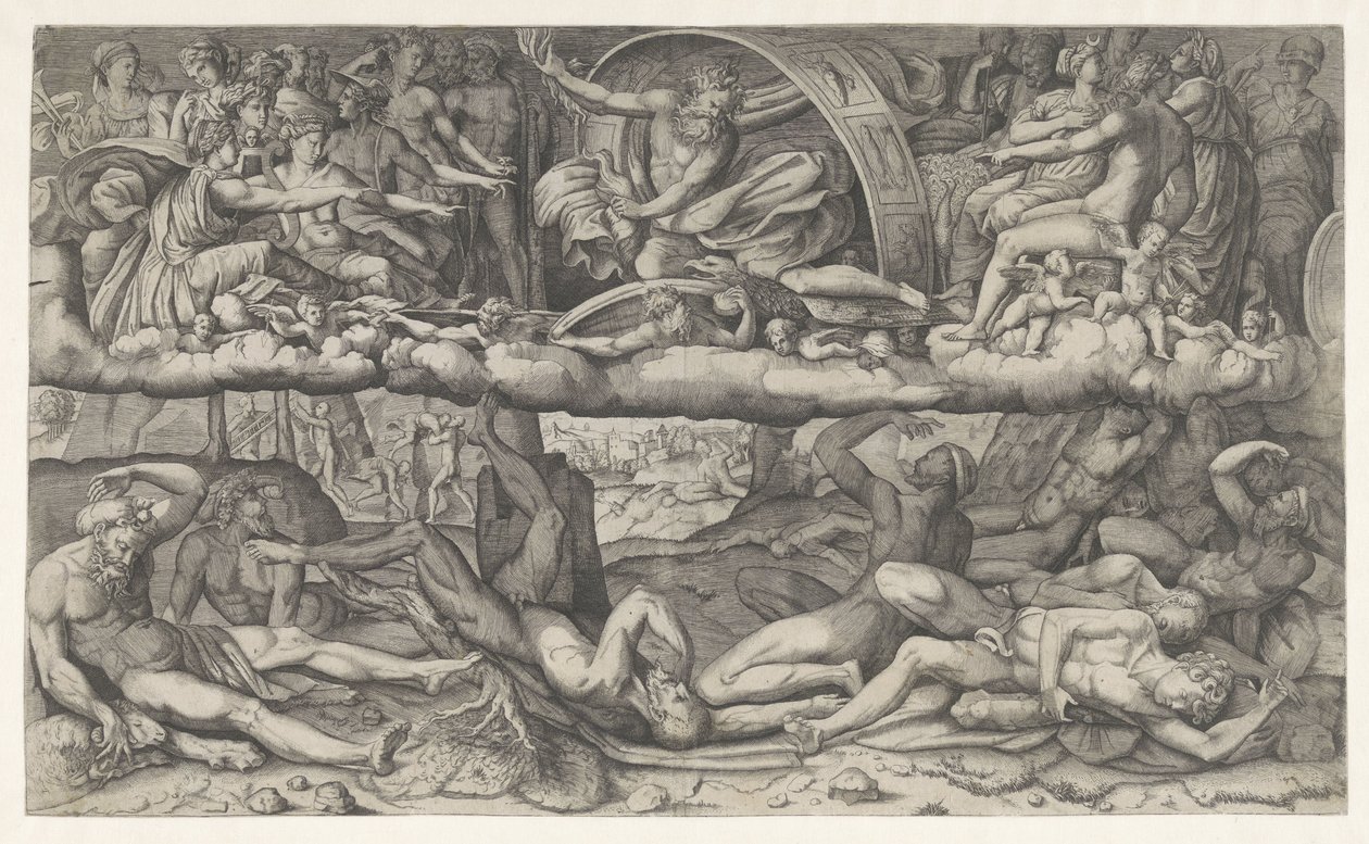 Bitva bohů a obrů La lotta fra dei e gigantická od Giulio Bonasone (attributed to)