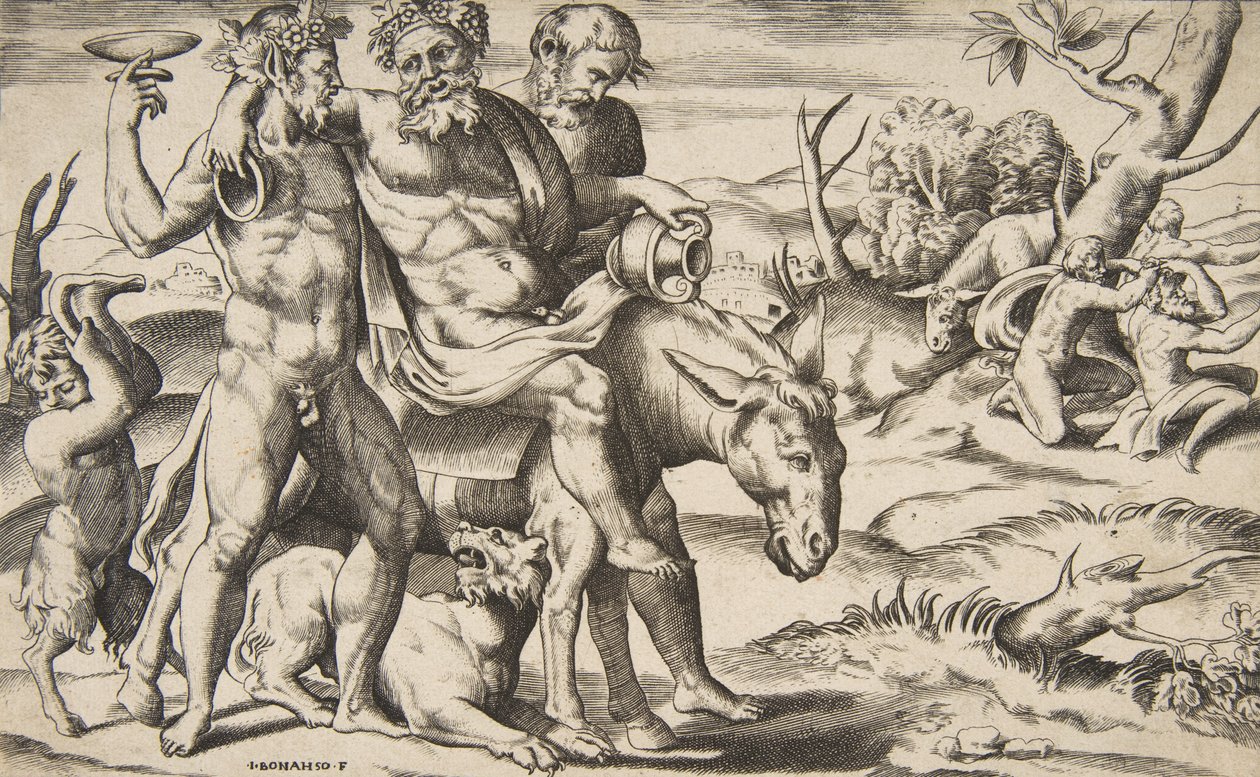 Opilý Silenus jedoucí na oslu podporovaný satyry, 1531-76. od Giulio Bonasone