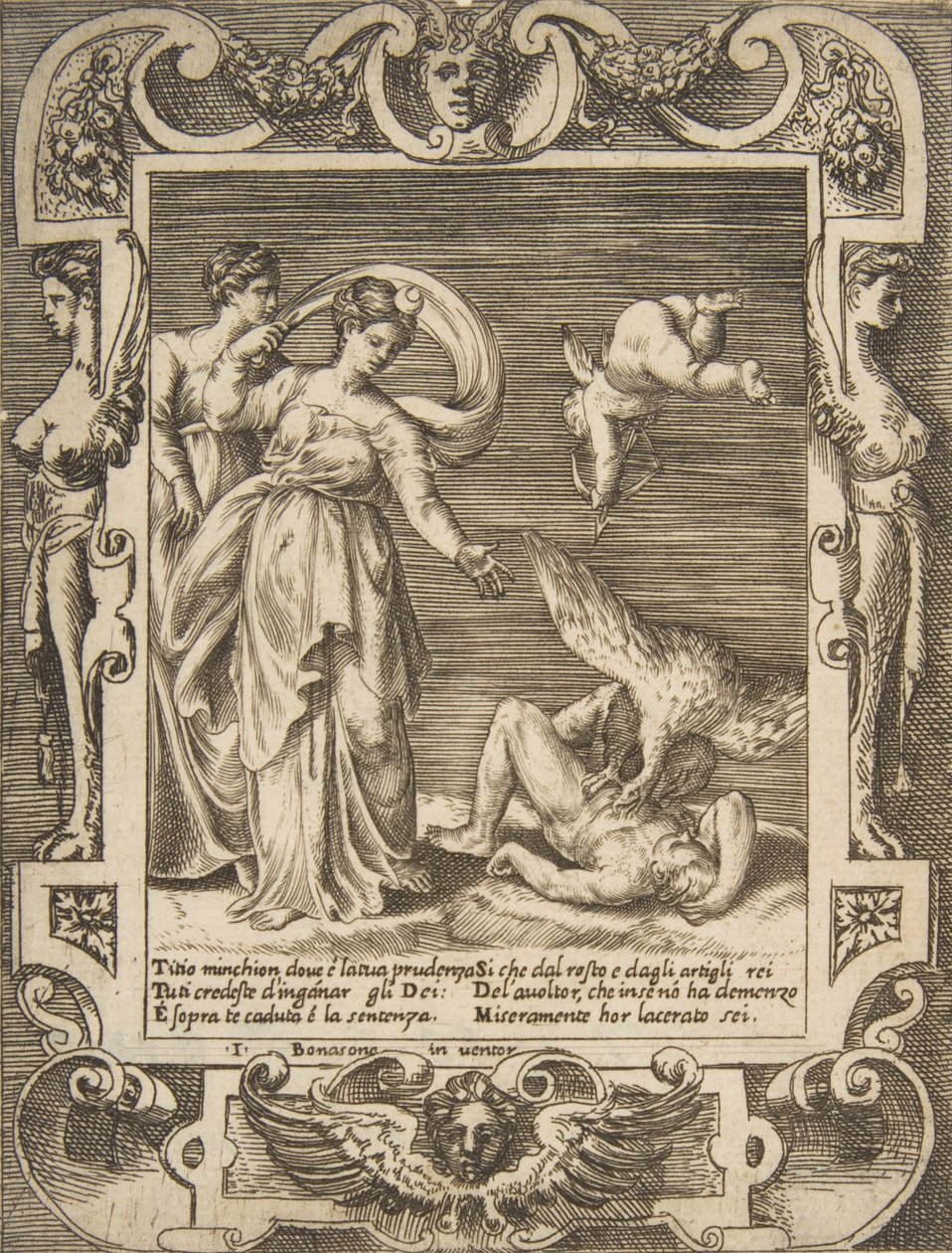 Sup požírající vnitřnosti Titia, Amor nad dvěma ženami nalevo, zasazený do..., 1531-76. od Giulio Bonasone