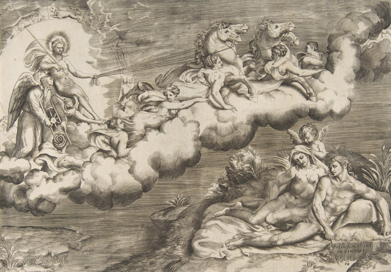 Alegorie vycházejícího slunce, nahého muže s rubášem a doprovodu Otce Time..., 1531-76. od Giulio Bonasone