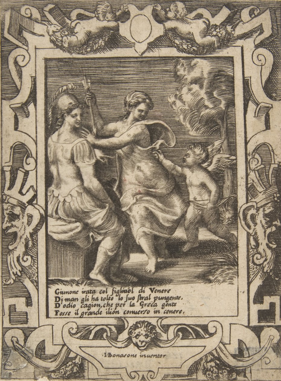 Athéna sedící poblíž Juno, která odnesla Amorovy šípy, zasazené do propracovaného rámu..., 1531-76. od Giulio Bonasone