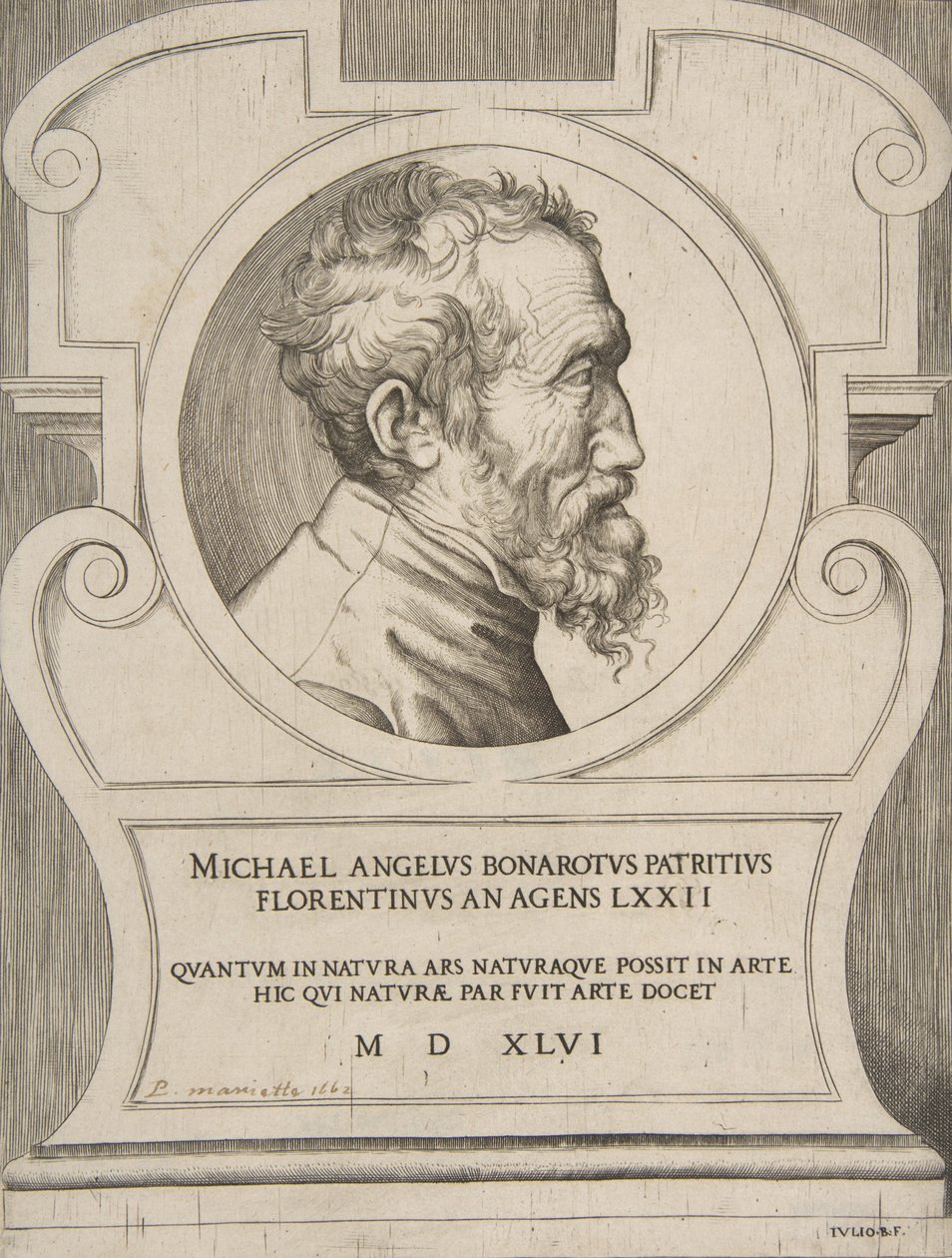 Bustový portrét Michelangela obrácený vpravo, zasazený do kartuše, 1546. od Giulio Bonasone