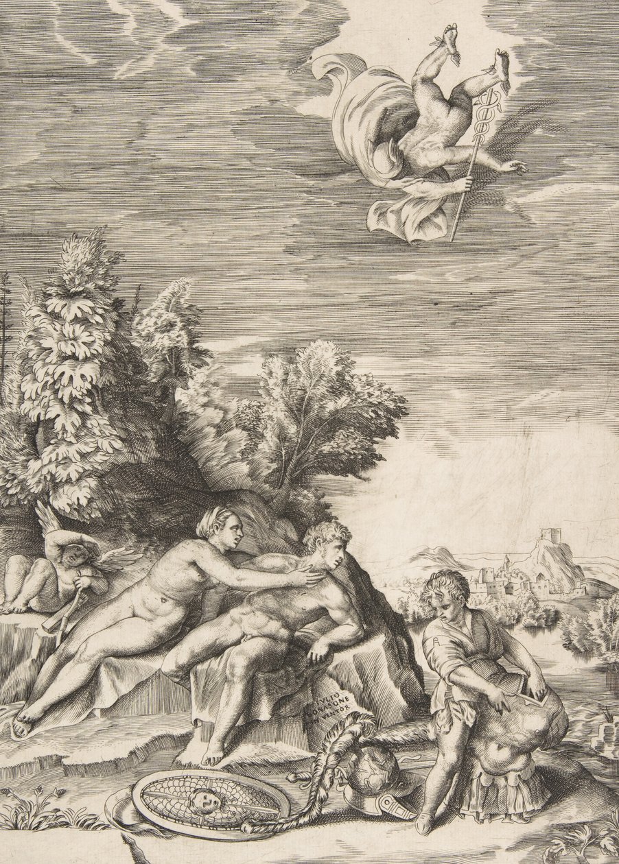 Calypso se snaží zadržet Ulysses jako dítě připravuje jeho brnění vpravo a Merkur fa..., 1531-76. od Giulio Bonasone