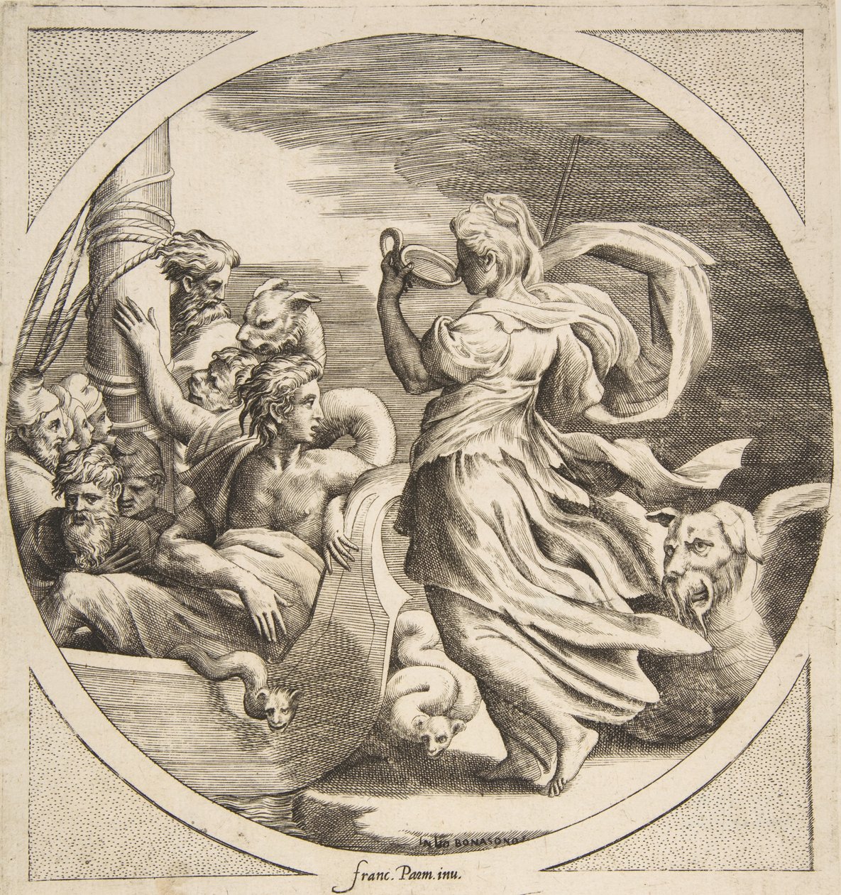 Circe pití z poháru se společníky Ulysses na lodi vlevo, kruhový ..., 1531-76. od Giulio Bonasone