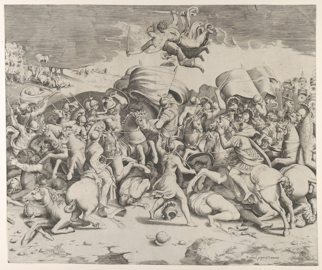 Konstantin poráží tyrana Maxentia, nad ním létají andělé s meči, 1544., 1544. od Giulio Bonasone