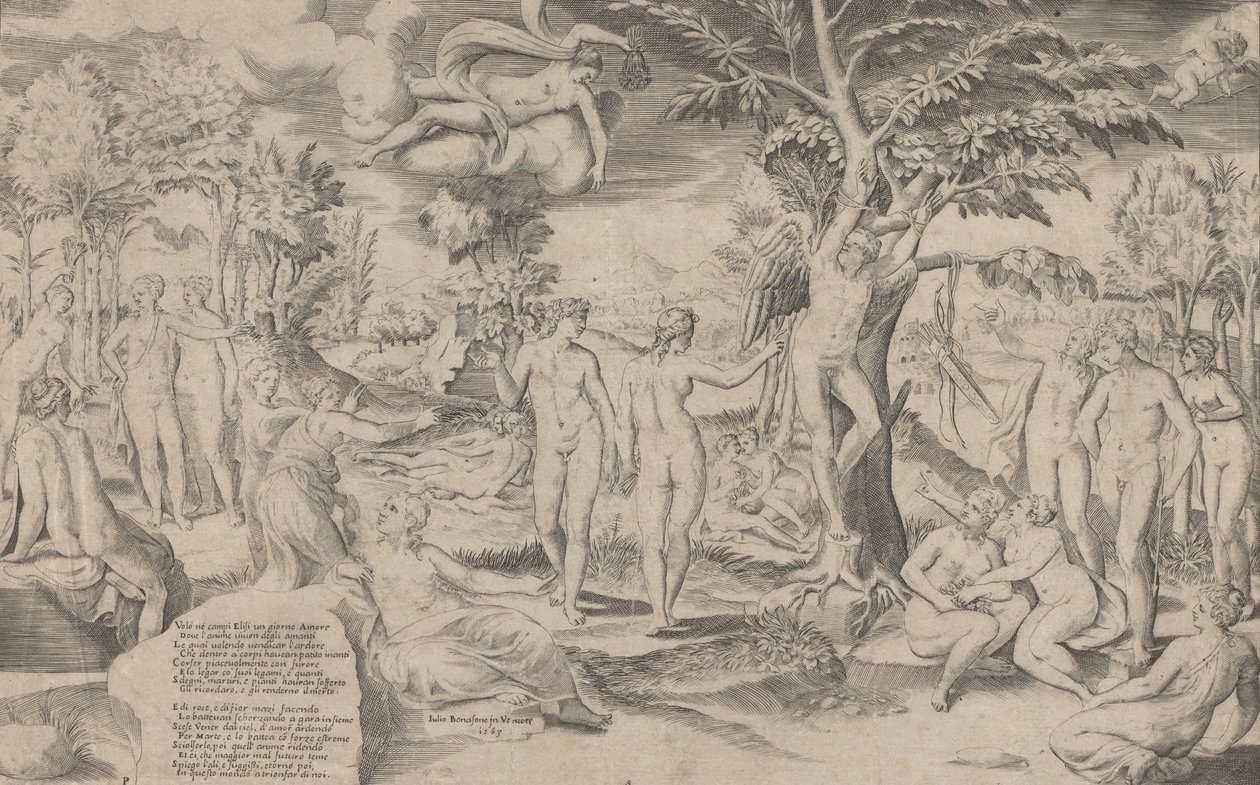 Cupid v Elysian Fields přivázaný ke stromu uprostřed, obklopený mnoha postavami, 1563., 1563. od Giulio Bonasone