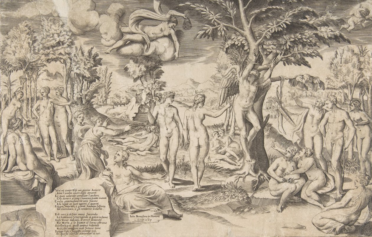 Amor v Elysejských polích přivázaný ke stromu uprostřed, obklopený mými mnoha postavami, 1563. od Giulio Bonasone