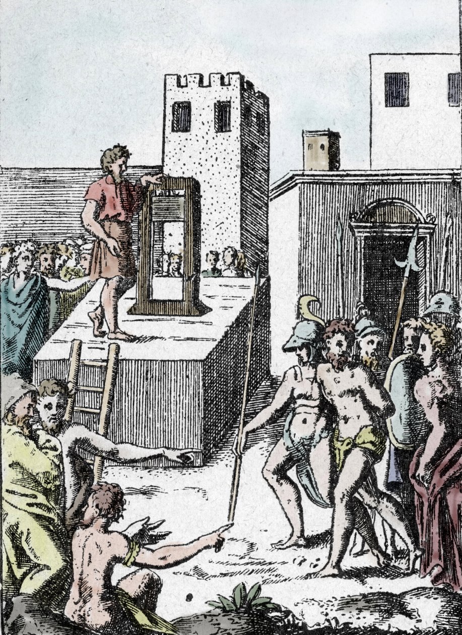 Trest smrti: vykonání rozsudku smrti s předkem gilotiny (stroj a dekolace) v Itálii zvaný Mannaia a navržený Achillem Bocchim, v roce 1555““ Rytina Giulio Buonasone (Bonasone) (1498-1574) (reprezentace Manna od Giulio Bonasone