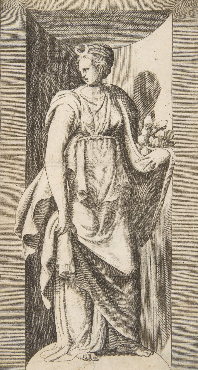 Diana držící ovoce v levé ruce stojící ve výklenku, ca. 1531-76. od Giulio Bonasone