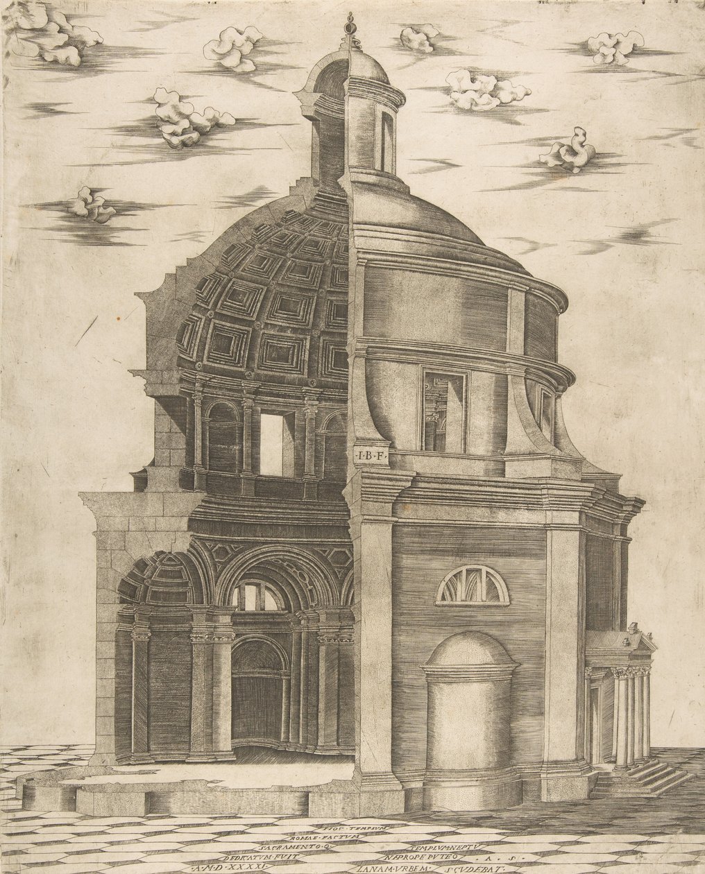 Vnější a vnitřní část chrámu v Římě zasvěceného Neptunovi, 1541. od Giulio Bonasone