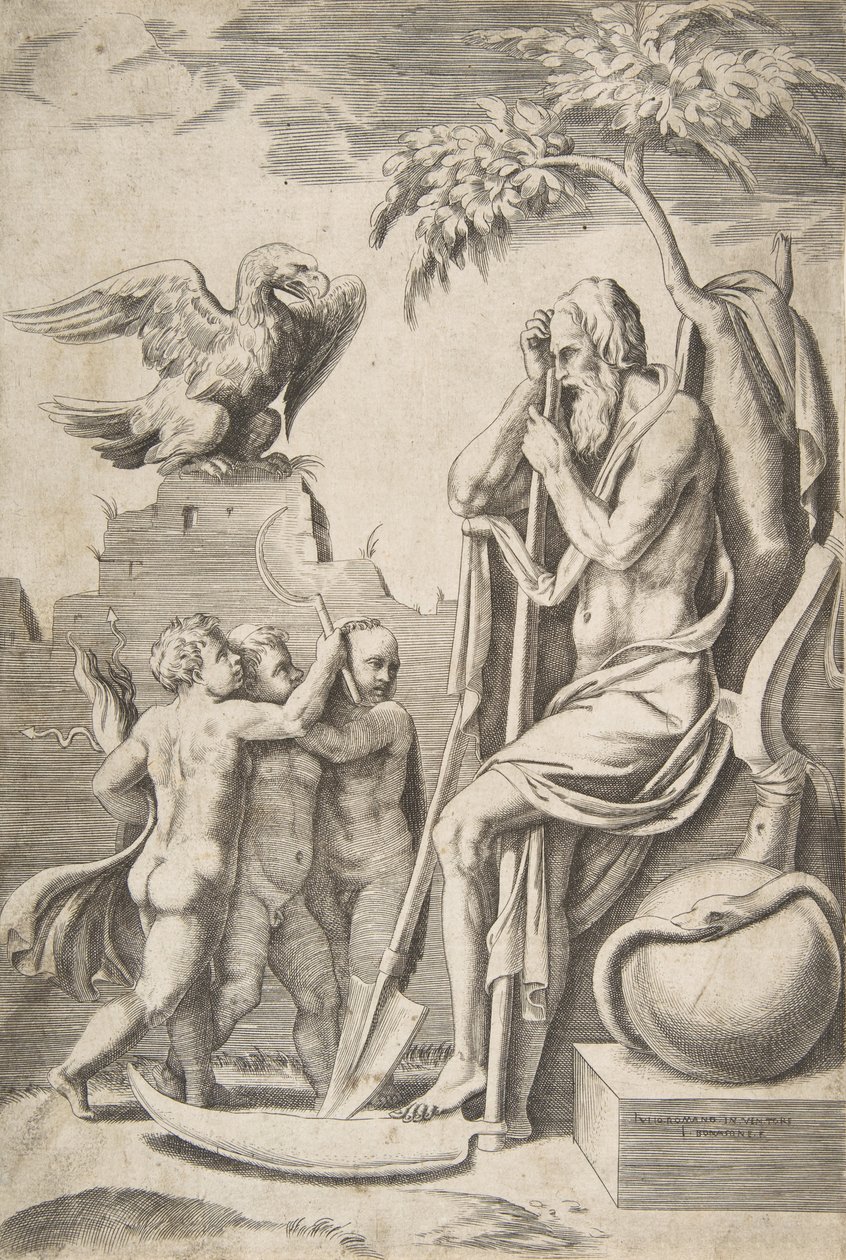 Otec Čas vpravo opřený o kosu, tři nazí chlapci a orel vlevo, 1..., 1531-76. od Giulio Bonasone