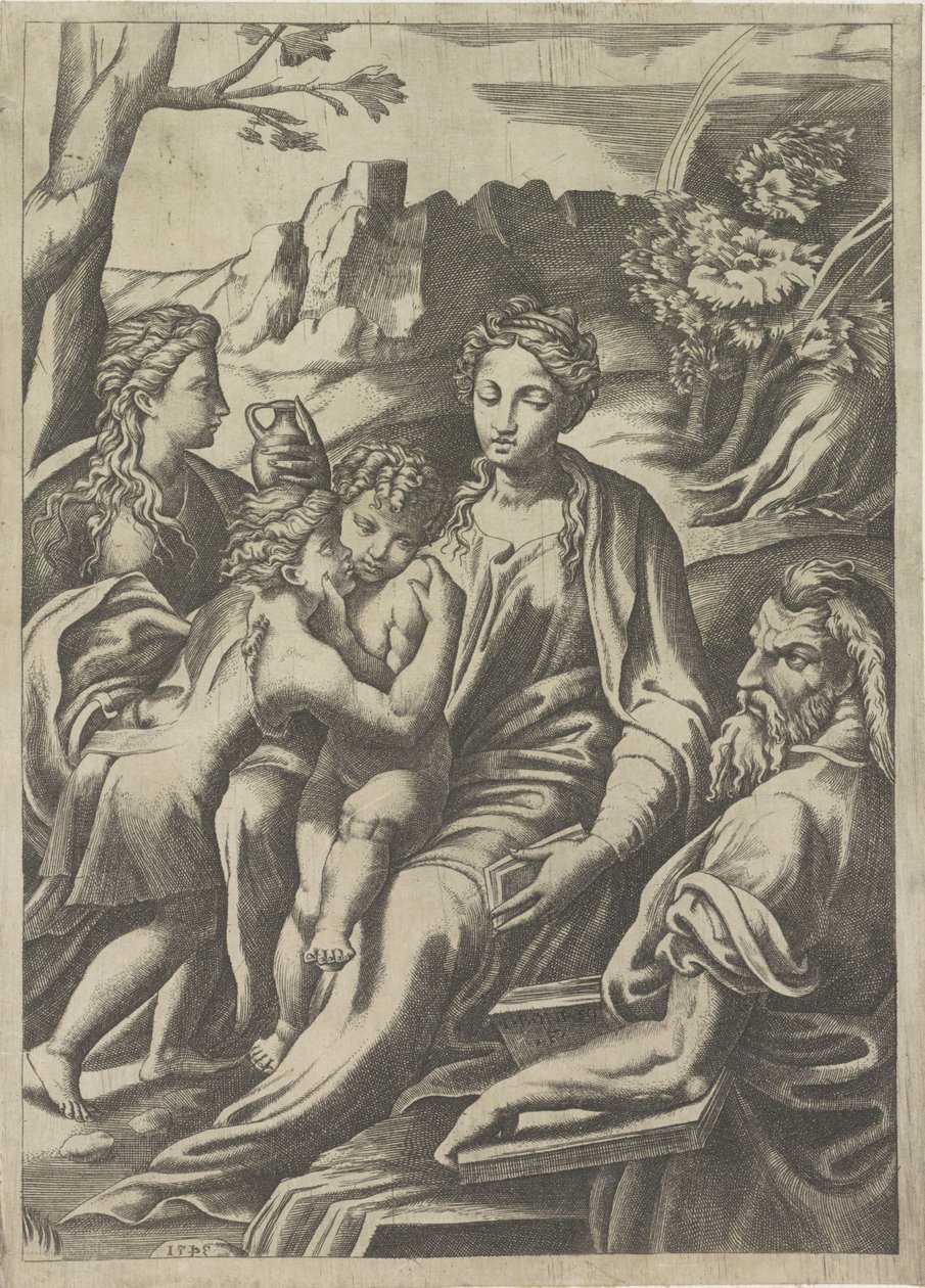 Svatá rodina s mladým Janem Křtitelem a Marií Magdalenou od Giulio Bonasone