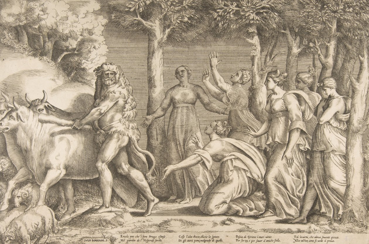 Herkules odhánějící dobytek z Geryonu, vpravo jsou nymfy Hesperidek, ..., 1531-76. od Giulio Bonasone