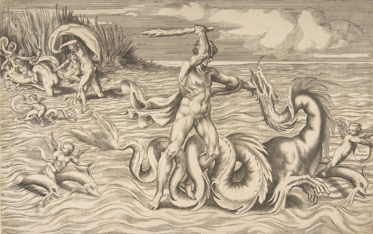 Herkules bojuje s drakem uprostřed, Achelous odnáší Deianeira vlevo nahoře, 1531-76. od Giulio Bonasone