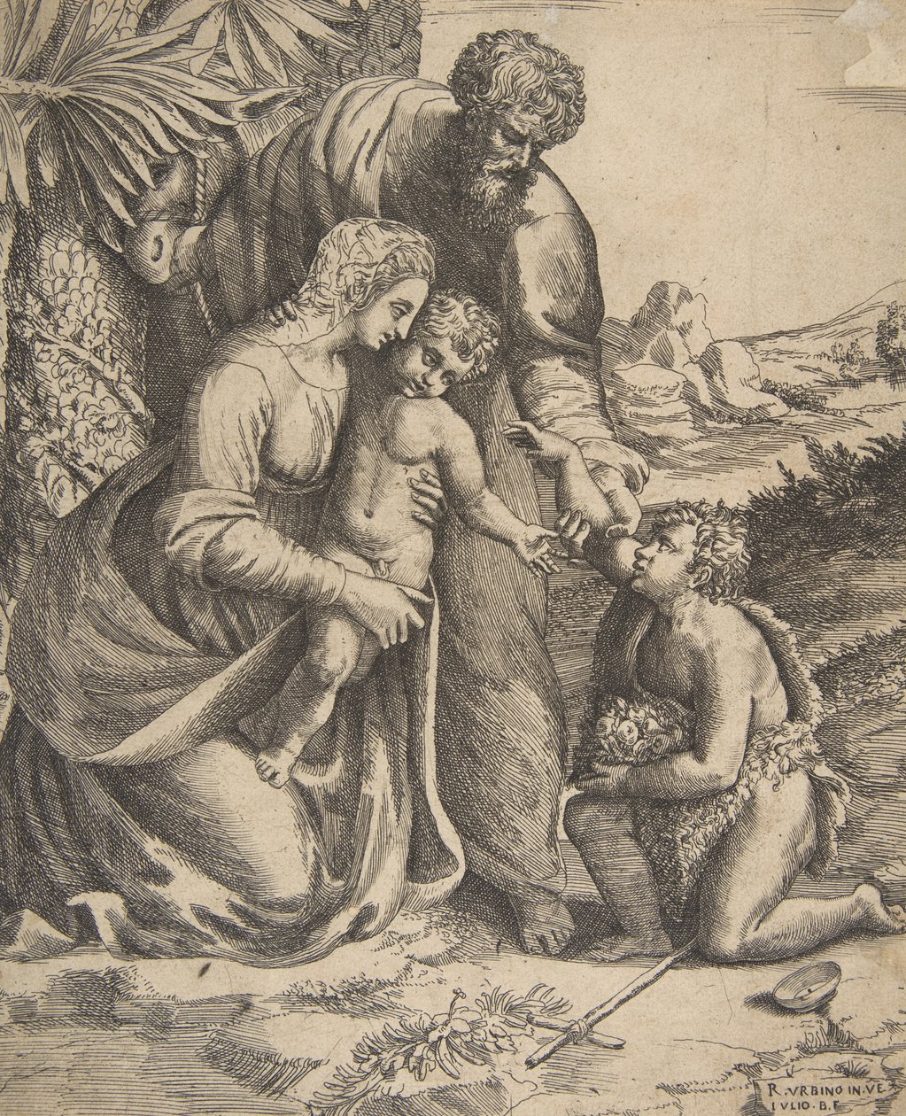 Svatá rodina se svatým Janem Křtitelem, který klečí vpravo, 1531-76. od Giulio Bonasone