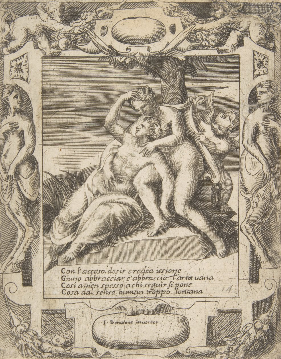 Ixion objímá mrak, myslí si, že je to Juno, Amor vpravo, zasazený do elaboru..., 1531-76. od Giulio Bonasone