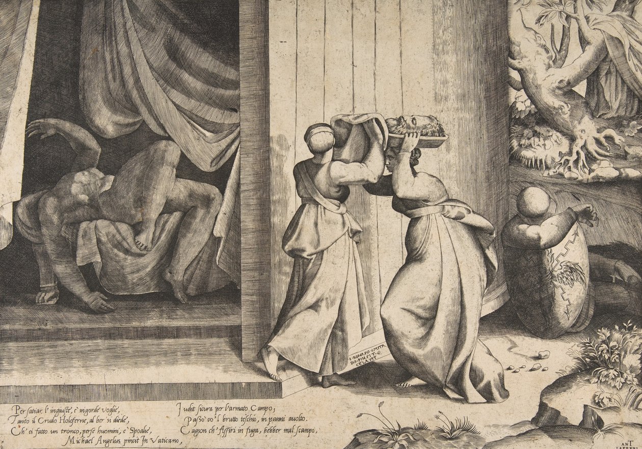 Judith předala Holofernovu hlavu své služebné, Holofernovi sťatému v..., 1531-7 od Giulio Bonasone