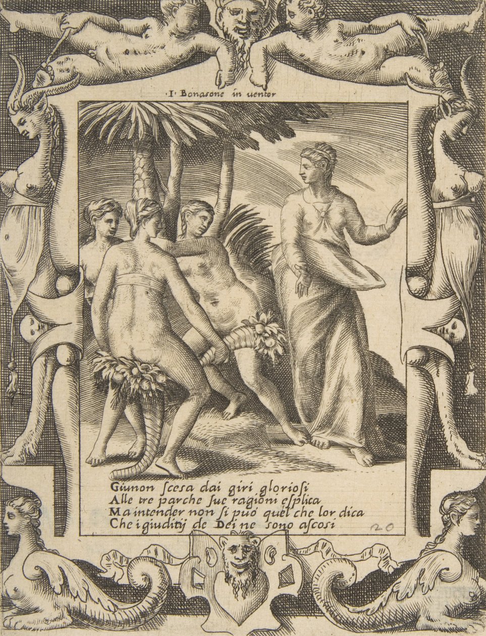 Juno při správném otočení a promlouvání k osudům, zasazená do propracovaného rámce, z..., 1531-76. od Giulio Bonasone