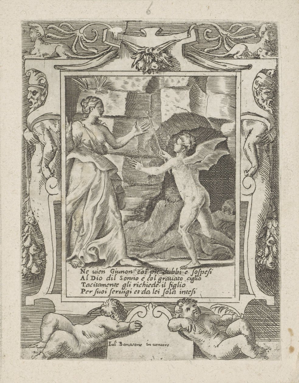 Juno nařídí Spánku, aby sestoupil na Jupiter Láska, hněv a žárlivost Juno (název série) Amori sdegni et gielosie di Giunone (název série) od Giulio Bonasone