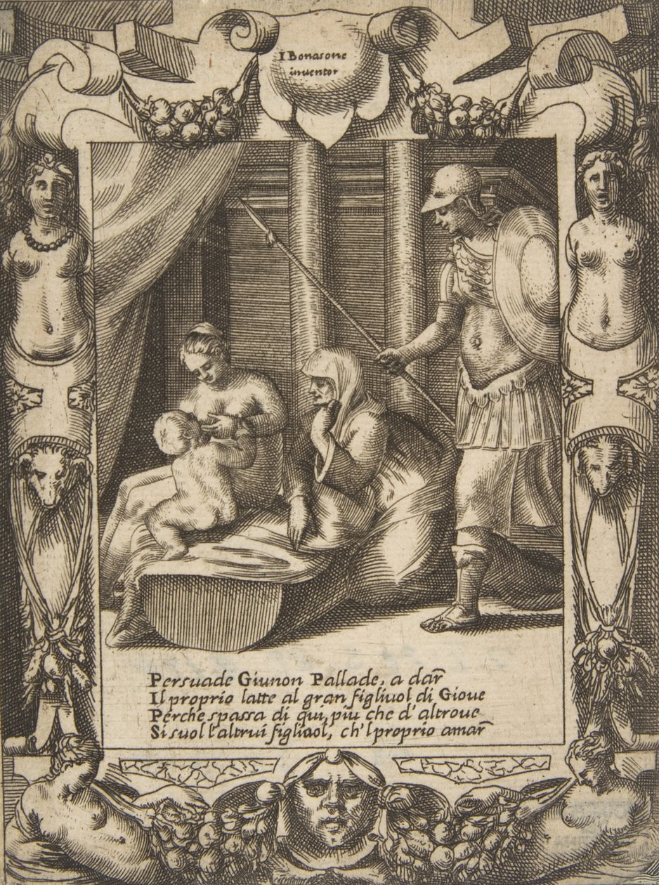 Juno přesvědčila Athénu, aby kojila mladého Herkula, zasazeného do propracovaného rámce, od..., 1531-76. od Giulio Bonasone