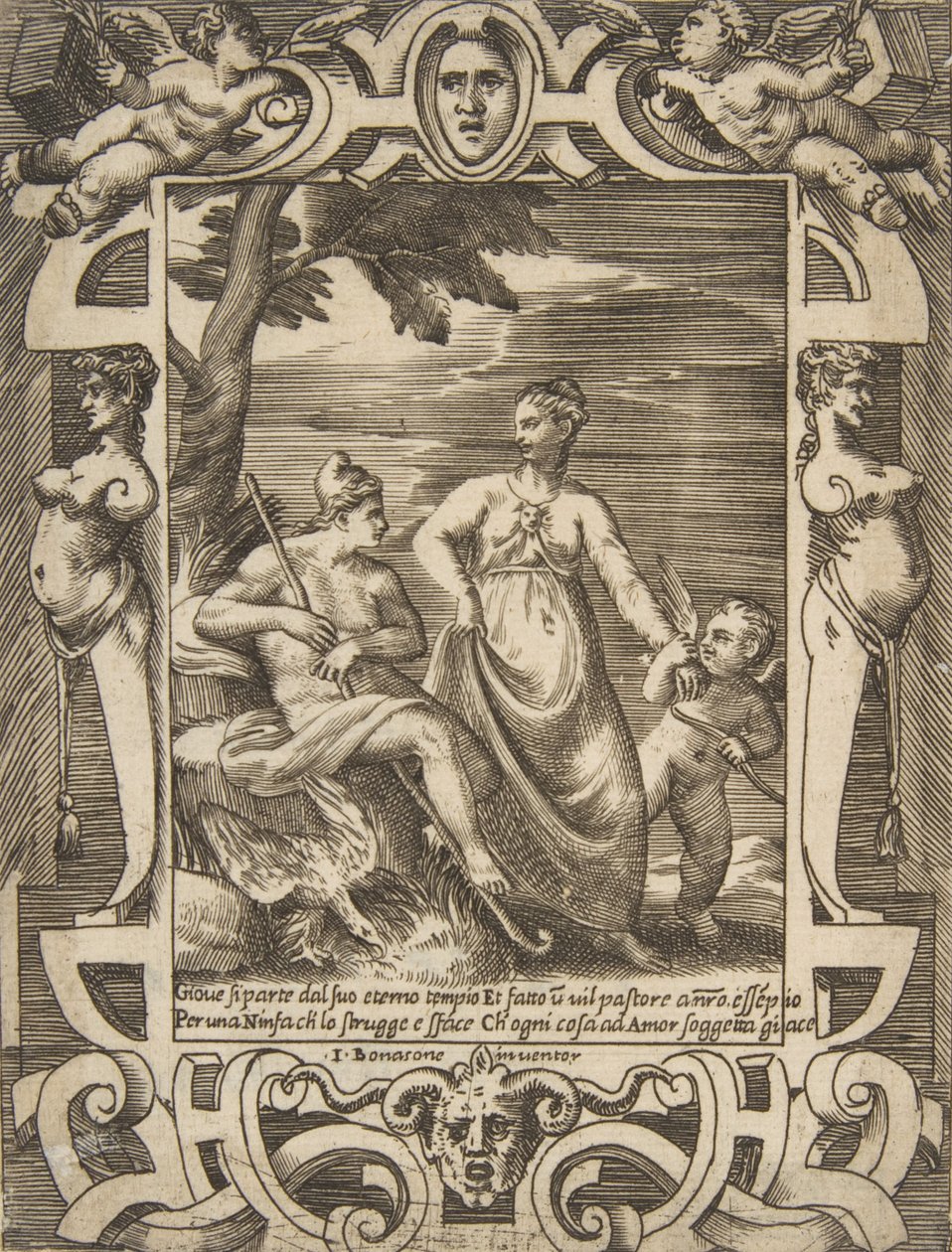 Jupiter vlevo v podobě pastýře doprovázeného Mnemosyne, zasazený do elabo..., 1531-76. od Giulio Bonasone