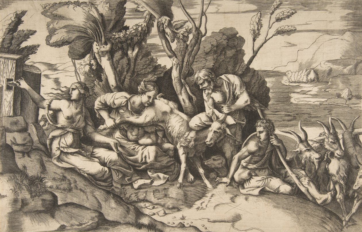 Jupiter kojený kozou Amaltheou, 1531-76. od Giulio Bonasone