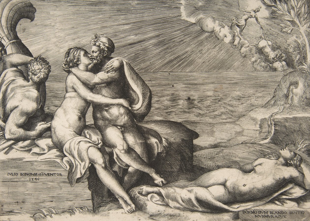 Jupiterova láska k Juno znovu vzplanula, když si oblékla Venušin pás, 1546. od Giulio Bonasone