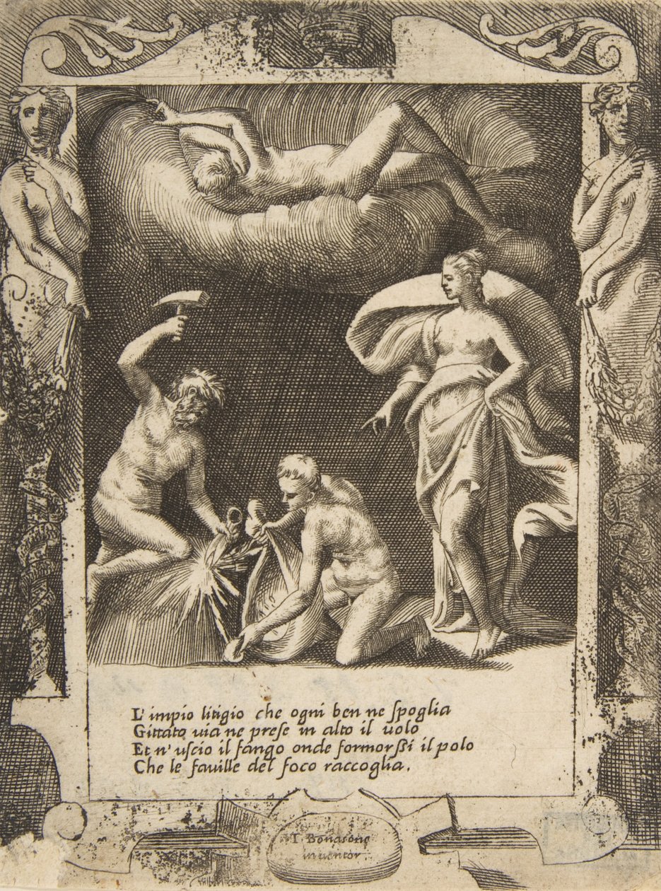 Litigium odstraněno z těla Chaosu, zatímco jeho matka je vyhozena do vzduchu, nastavena s..., 1531-76. od Giulio Bonasone
