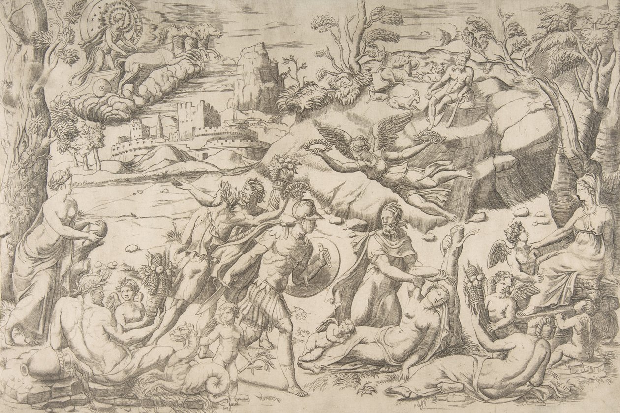 Mars a Rhea Silvia: uprostřed Mars drží štít a meč, Rhea Silvia spí..., cca 1531-76. od Giulio Bonasone