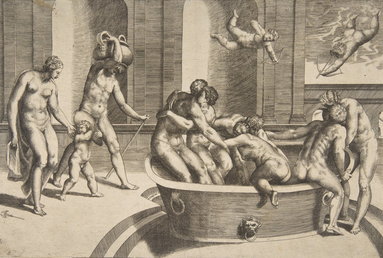 Muži a ženy se koupou, někteří se objímají, 1531-76. od Giulio Bonasone