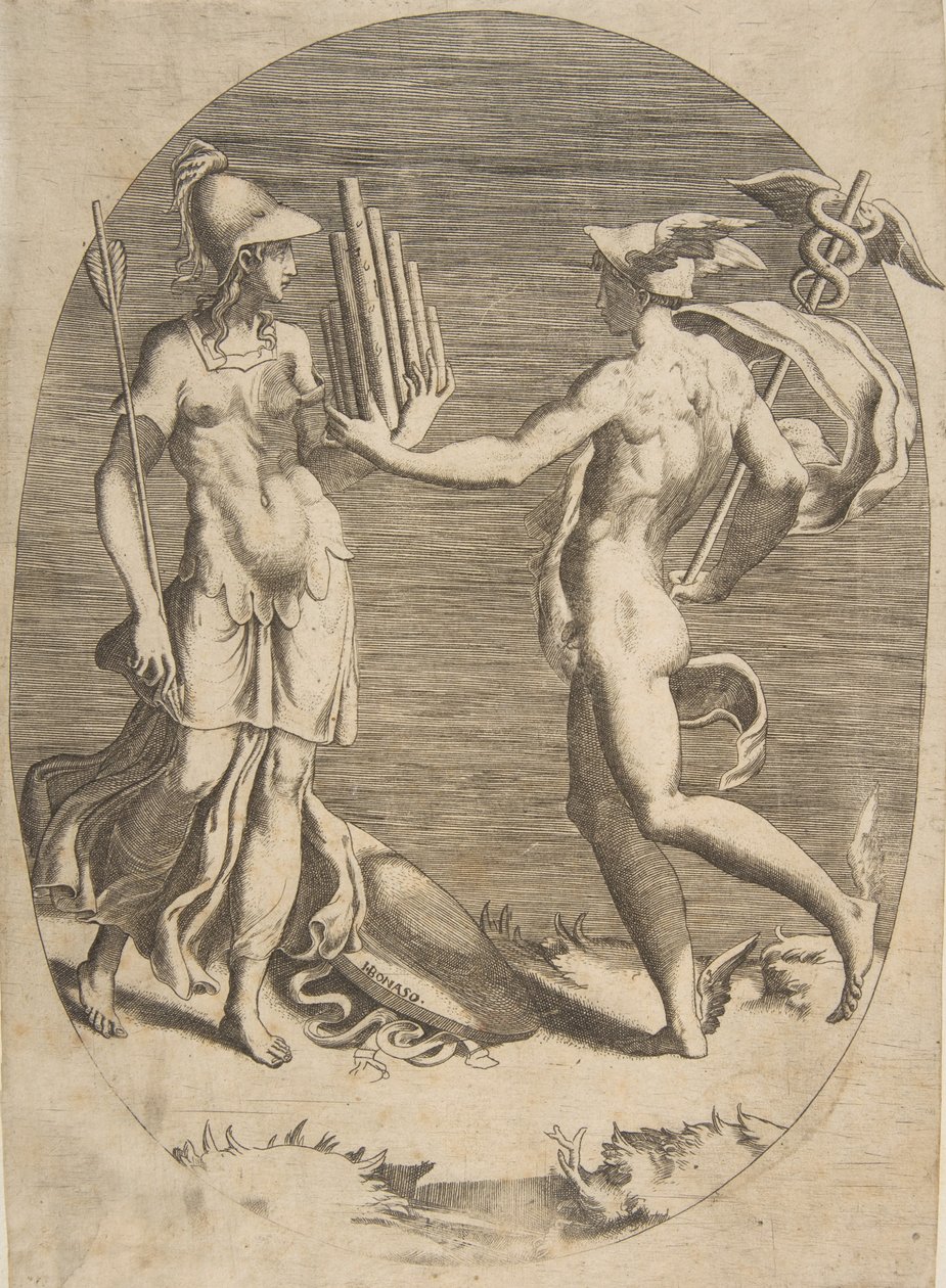 Merkur představuje Panpipe Minervě, která stojí vlevo, oválná kompozice, 1531-76. od Giulio Bonasone