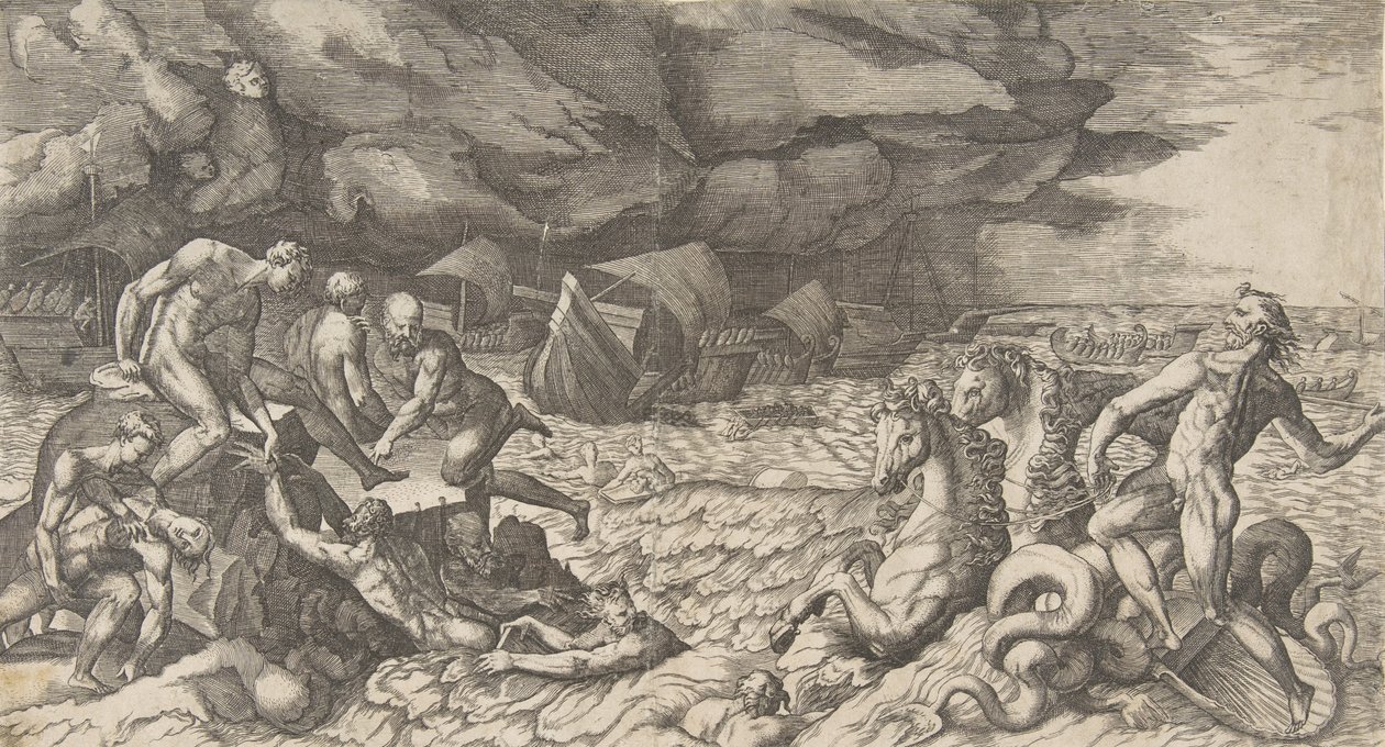 Neptun uklidnil Bouři Aeolus vznesenou proti flotile Aeneas, 1531-76. od Giulio Bonasone