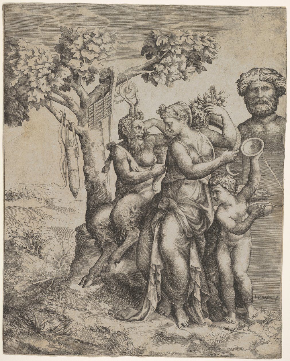 Pánev sedící poblíž ženské postavy držící roh hojnosti, nymfu nebo Pomonu, vpravo ..., ca. 1550-60. od Giulio Bonasone