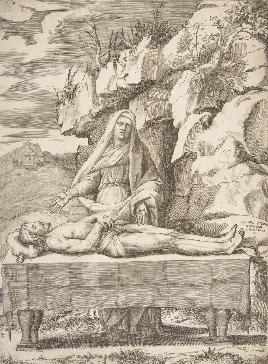 Pieta, Kristus natažený na stole v krajině, Panna stojící za pažemi ..., 1531-76. od Giulio Bonasone
