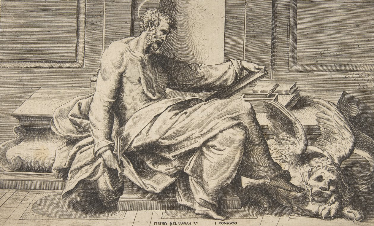 Svatý Marek píšící své evangelium, okřídlený lev vpravo, 1531-76. od Giulio Bonasone