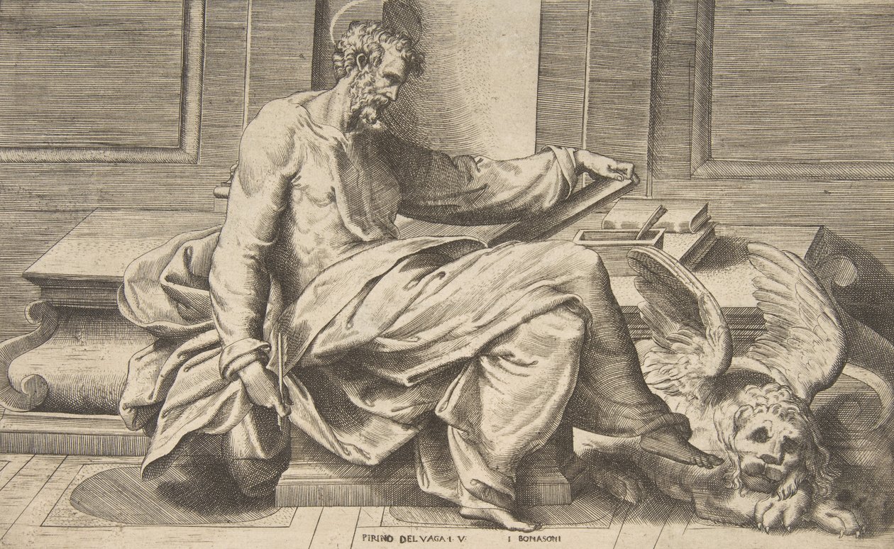 Svatý Marek píšící své evangelium, okřídlený lev vpravo, 1531-76. od Giulio Bonasone