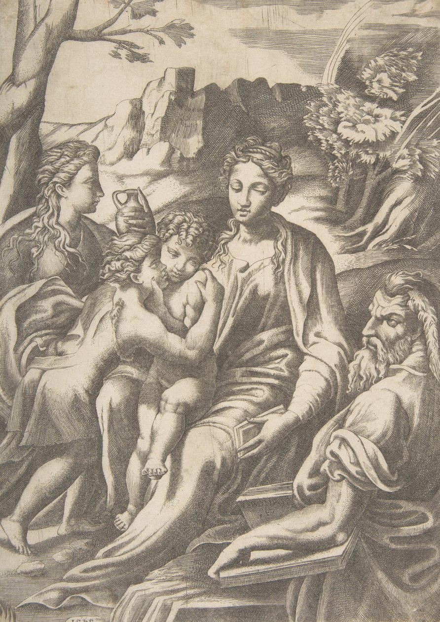 Svatá rodina s Marií Magdalenou a Janem Křtitelem, který objímá Krista, 1543. od Giulio Bonasone
