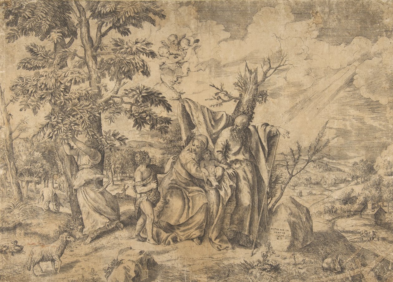 Odpočinek na útěku do Egypta, Josef vpravo, Panna drží Ježíška v..., 1531-76. od Giulio Bonasone