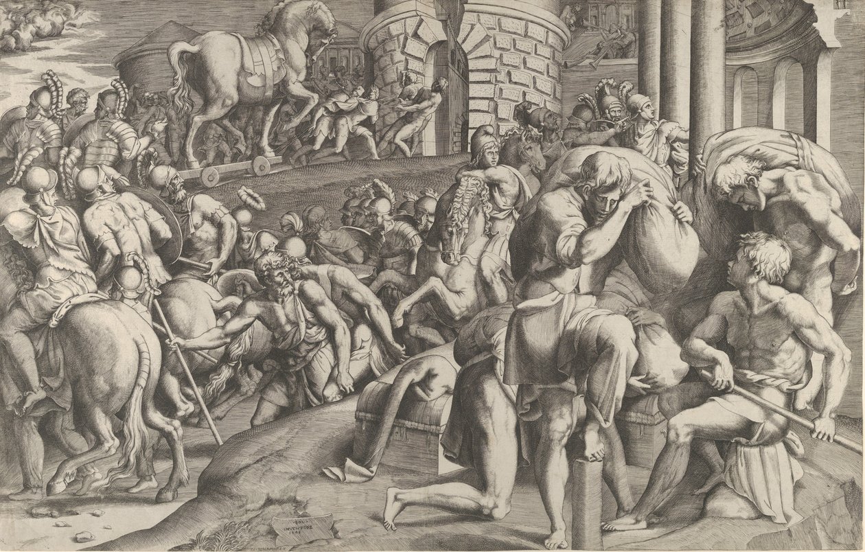 Trojané táhli dřevěného koně do Tróje, 1545. od Giulio Bonasone