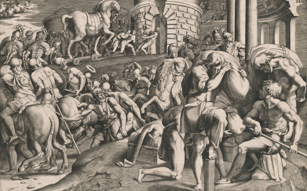 Trojané táhnoucí dřevěného koně do města, 1545. od Giulio Bonasone