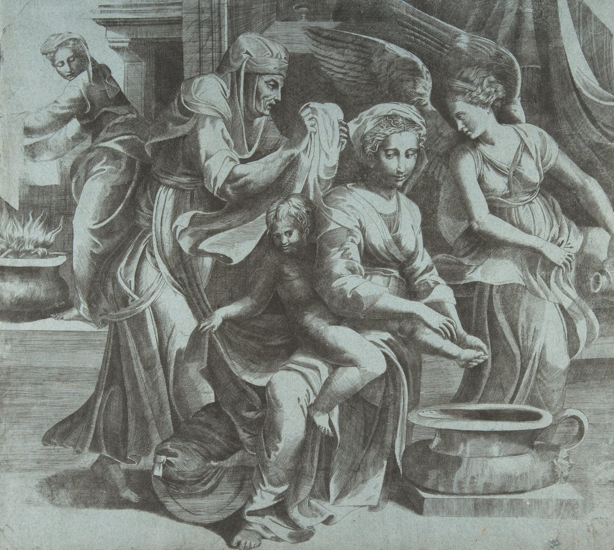 Panna umývající Ježíška v doprovodu postav a anděla vpravo, ..., ca. 1550-60. od Giulio Bonasone