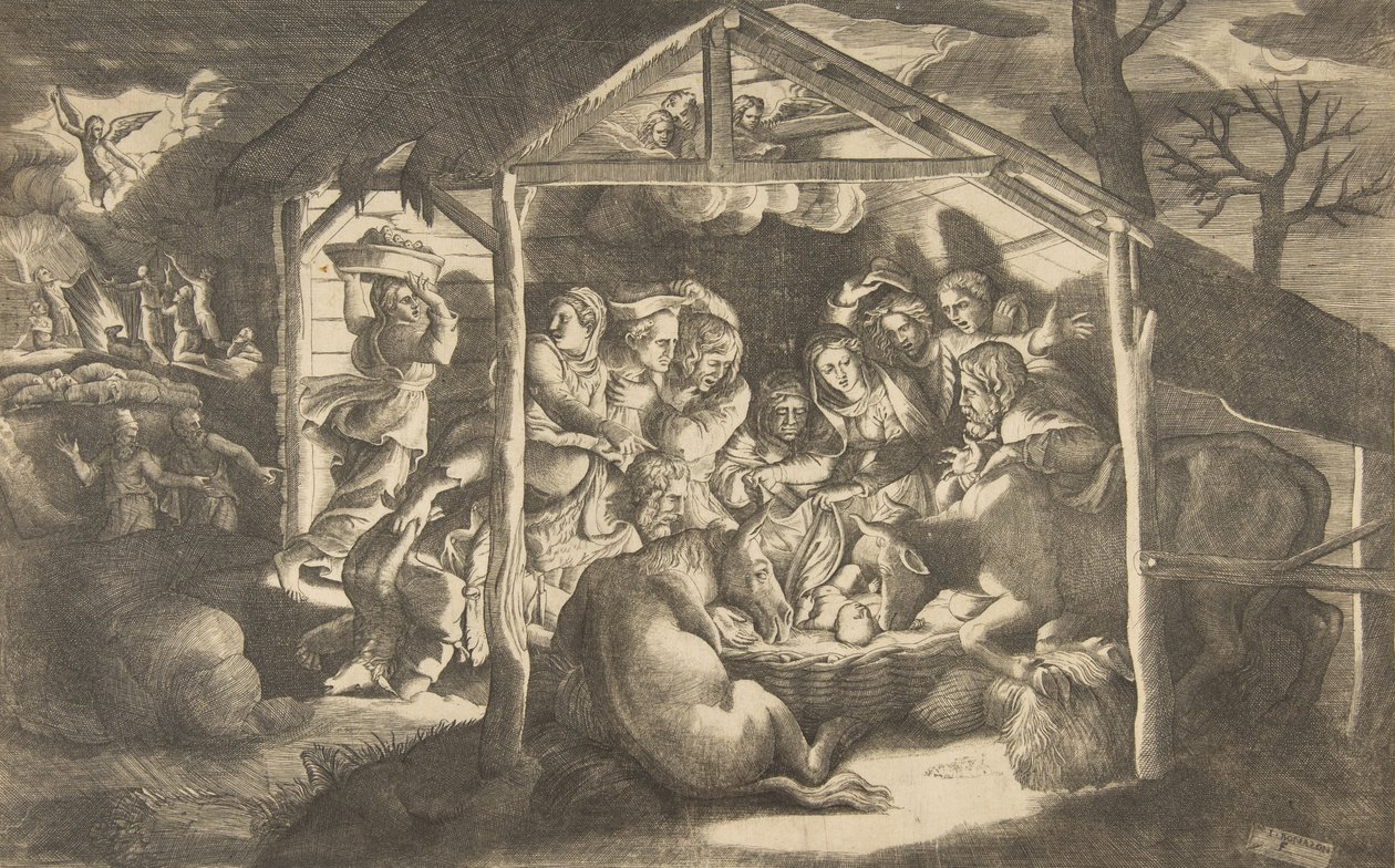 Klanění pastýřů, různé postavy kolem Ježíška v cen..., 1531-76. od Giulio Bonasone