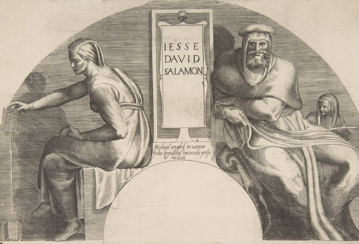Předkové Krista lemující desku s nápisem, klenutá horní kompozice, 1531-76. od Giulio Bonasone
