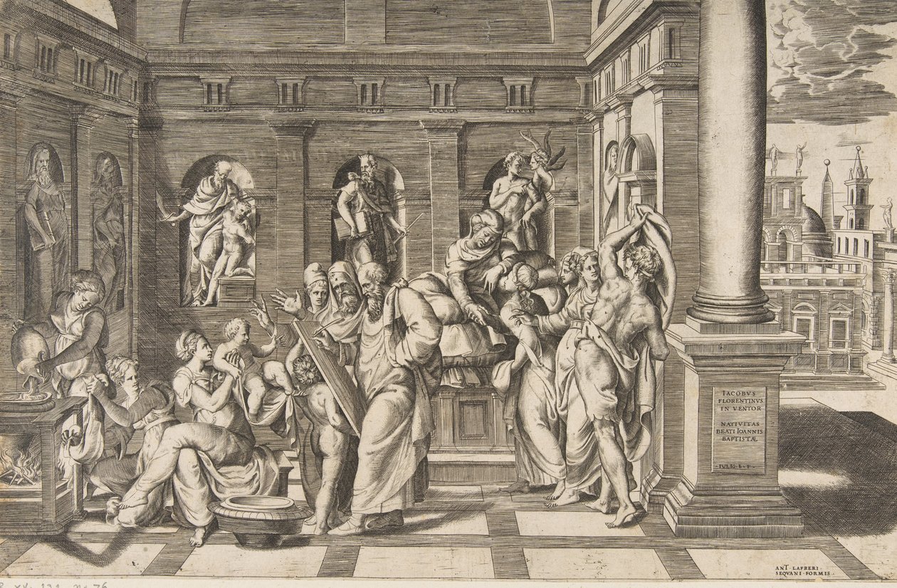 Narození svatého Jana Křtitele se odehrává v klasické budově, cca 1531-76 od Giulio Bonasone