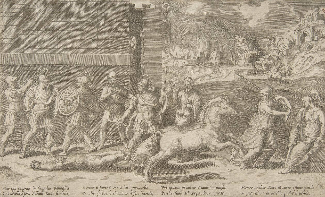Souboj Hektora a Achilla a Achilles vláčení těla Hektora kolem ..., 1531-76. od Giulio Bonasone