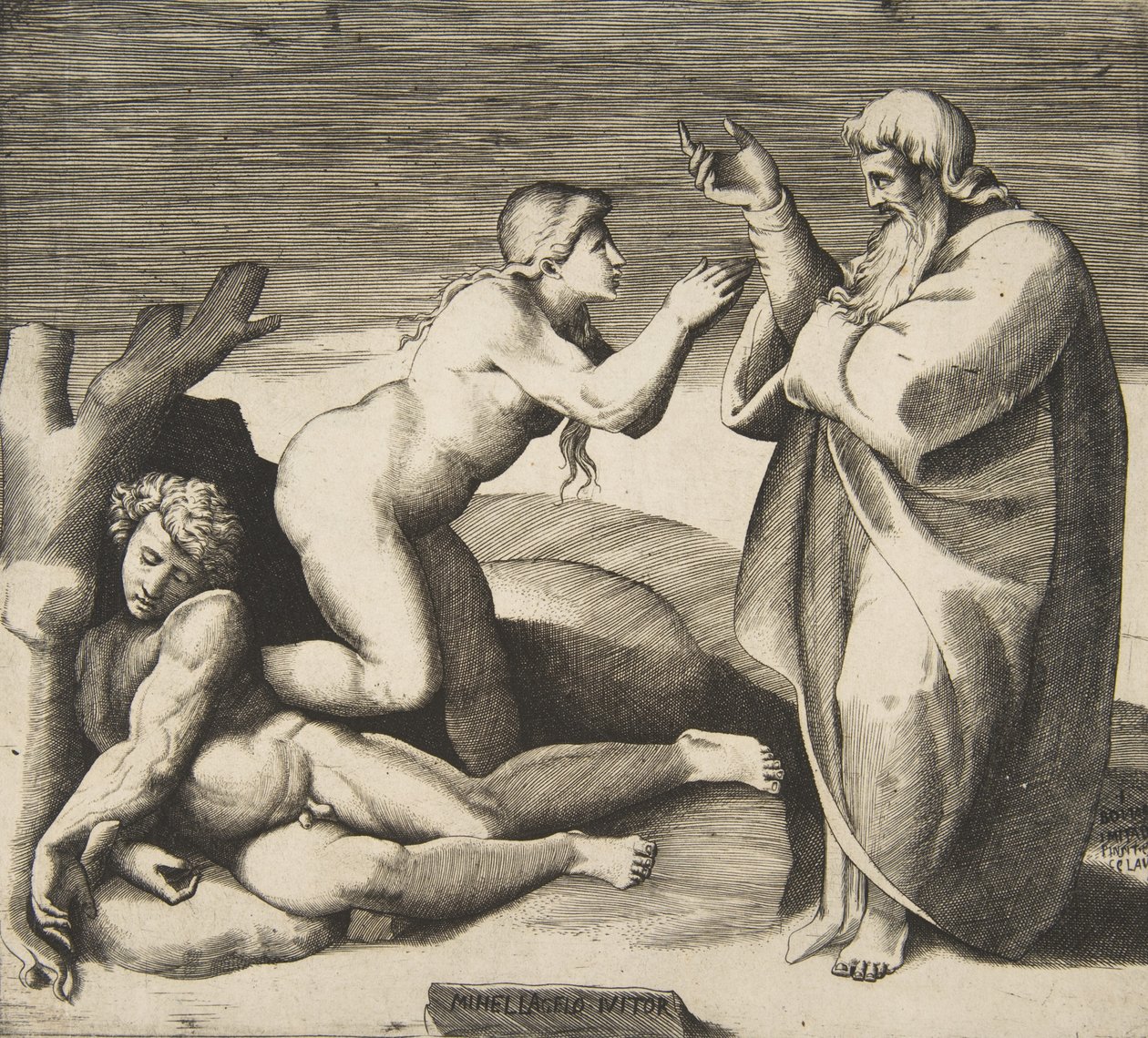 Stvoření Evy, která se vynoří zpoza Adama, ca. 1530-70. od Giulio Bonasone