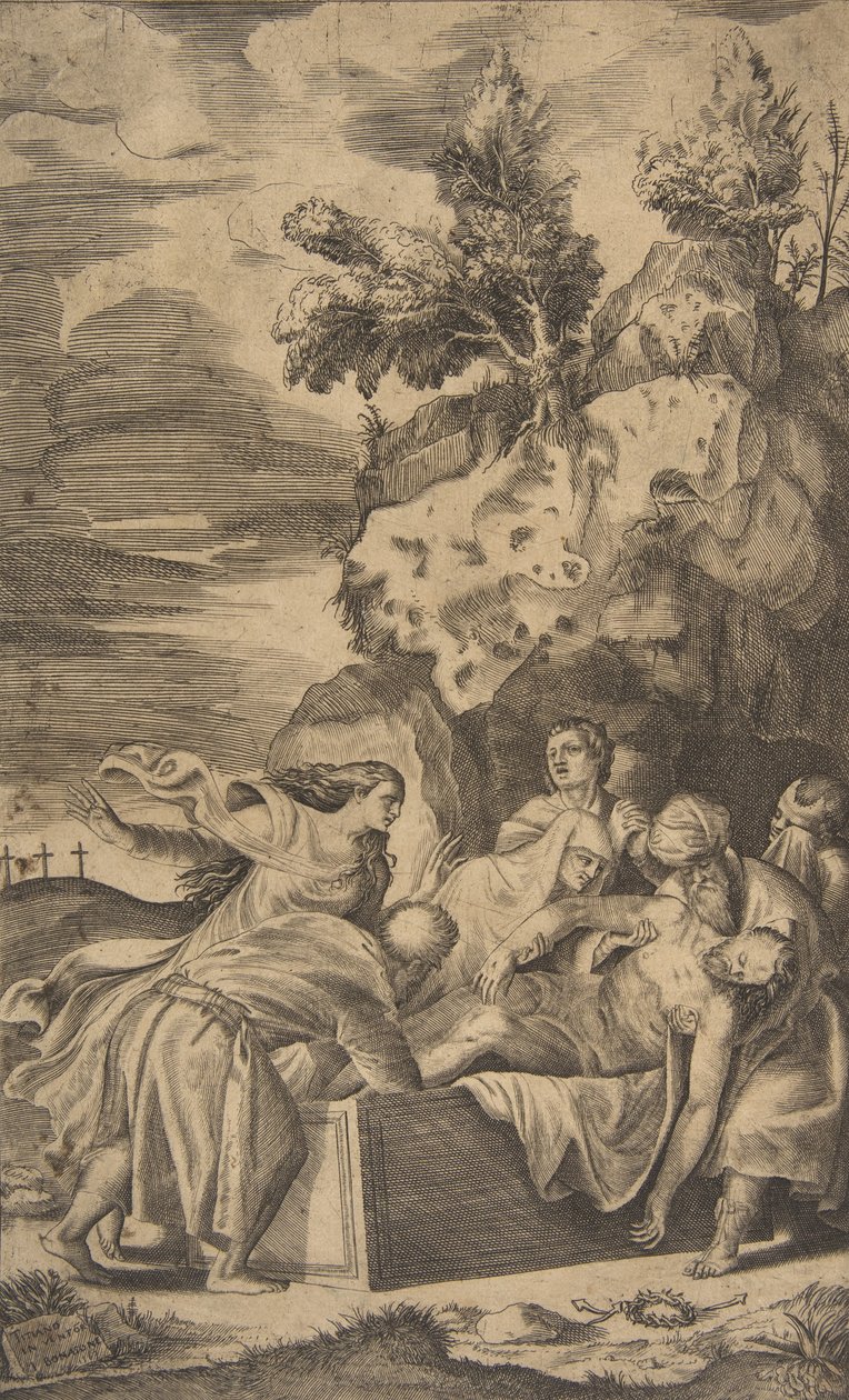 Pohřeb Krista, kříže na Kalvárii viditelné v levém pozadí, 1563. od Giulio Bonasone