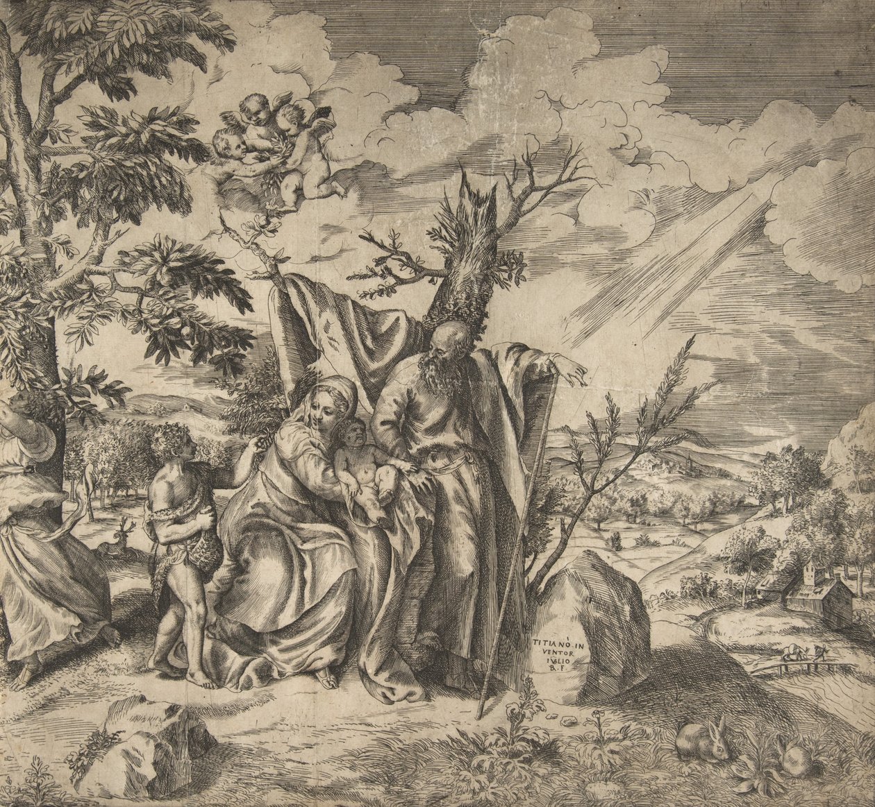 Zbytek Svaté rodiny na jejich útěku do Egypta, 1531-76. od Giulio Bonasone