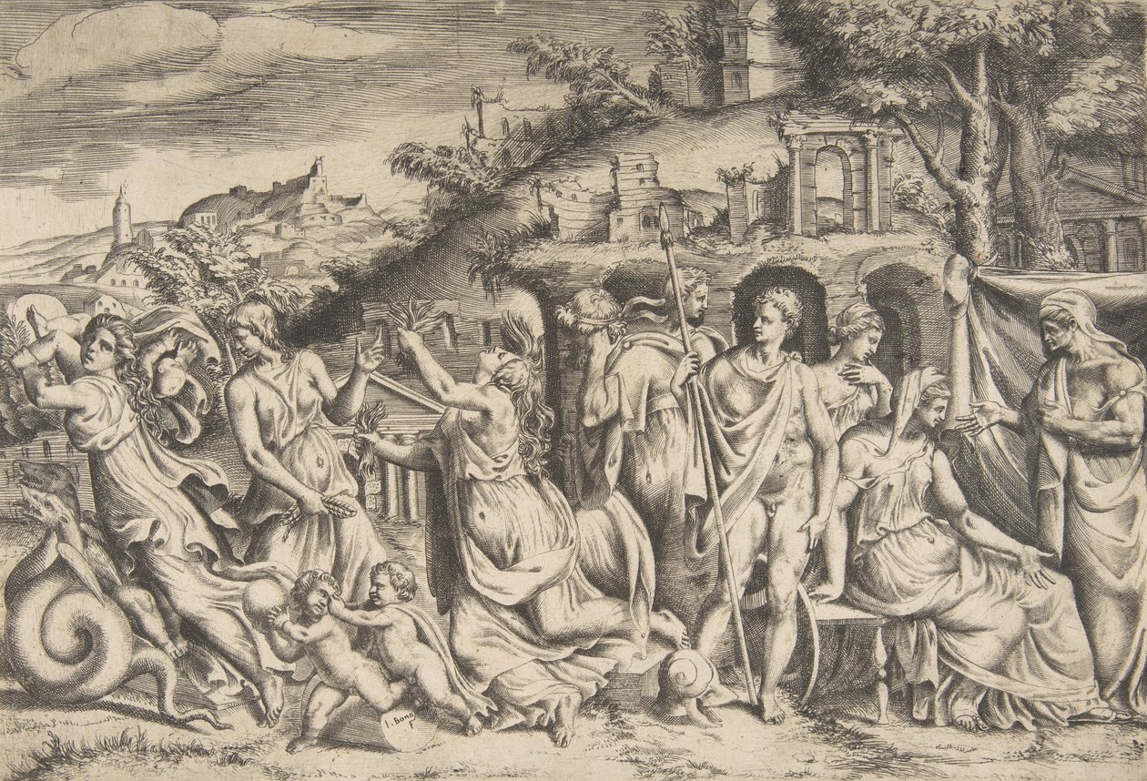Příběh Iásona a Médey nalevo odnáší svého syna, uprostřed je ..., 1531-76. od Giulio Bonasone