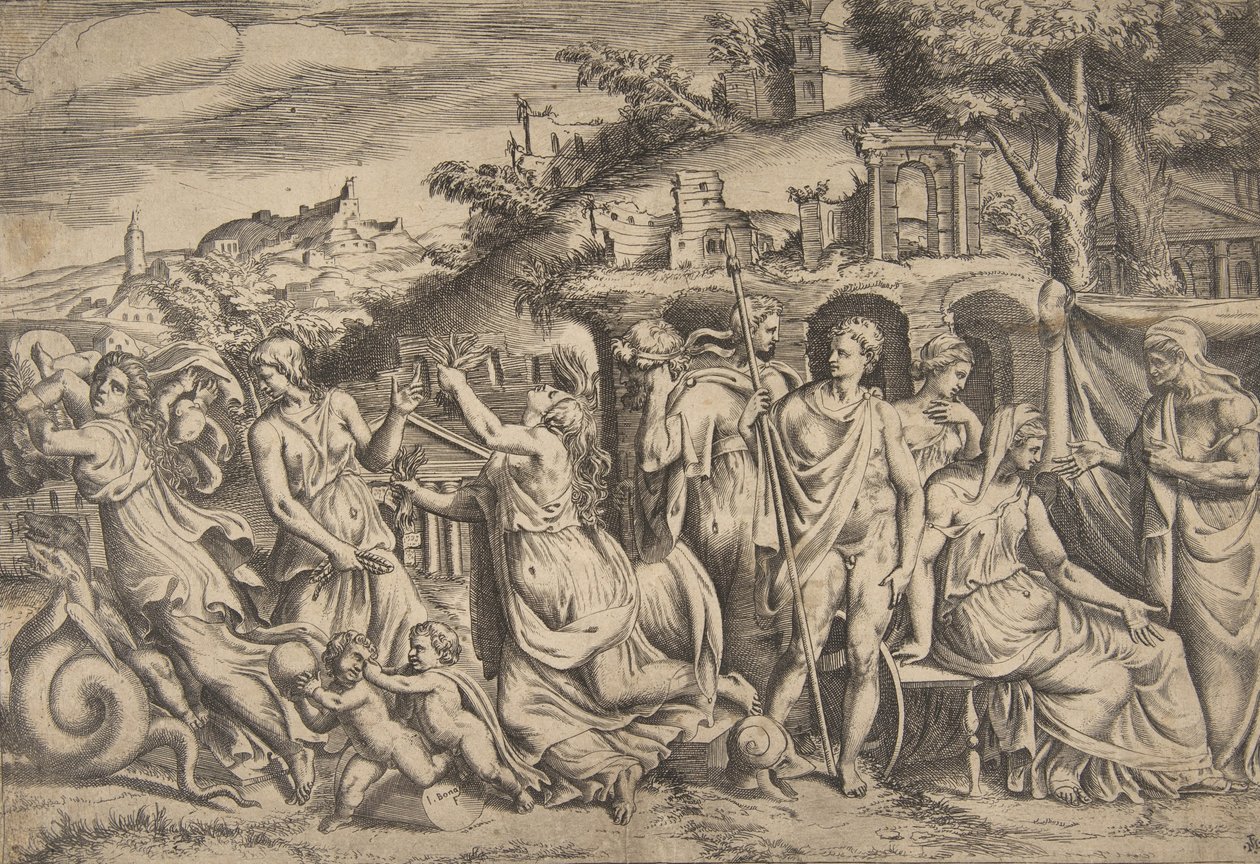 Příběh Iásona a Médey nalevo odnáší svého syna, uprostřed je ..., 1531-76. od Giulio Bonasone